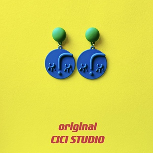 CICI撞色波普艺术小众设计线条人脸克莱茵蓝创意S925银针耳环耳钉
