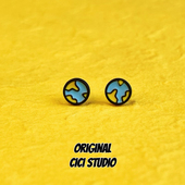 CICI创意新款 插画艺术地球图地球仪彩波普艺术趣味S925银耳钉耳饰