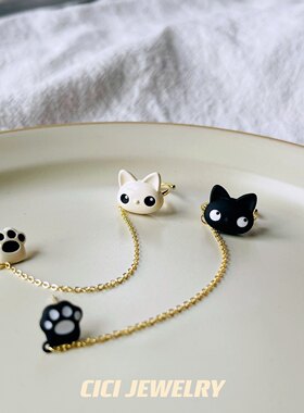 CICI新款猫咪猫爪创意猫小众可爱俏皮宠物长链S925银针耳钉耳骨夹