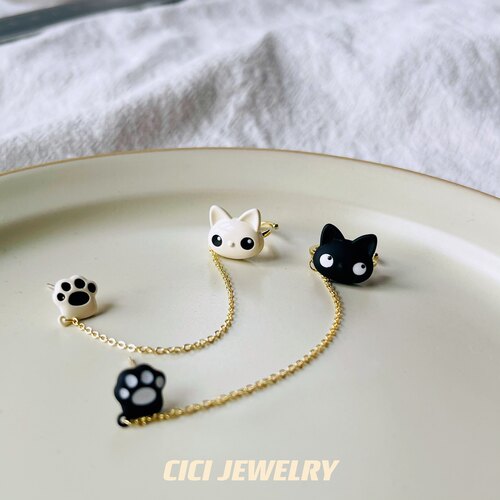 CICI新款猫咪猫爪创意猫小众可爱俏皮宠物长链S925银针耳钉耳骨夹