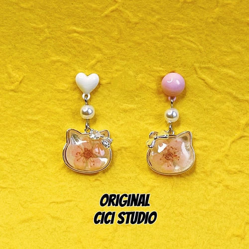 CICI STUDIO小众精工粉色樱花猫咪耳钉女甜美可爱高级感春夏耳环