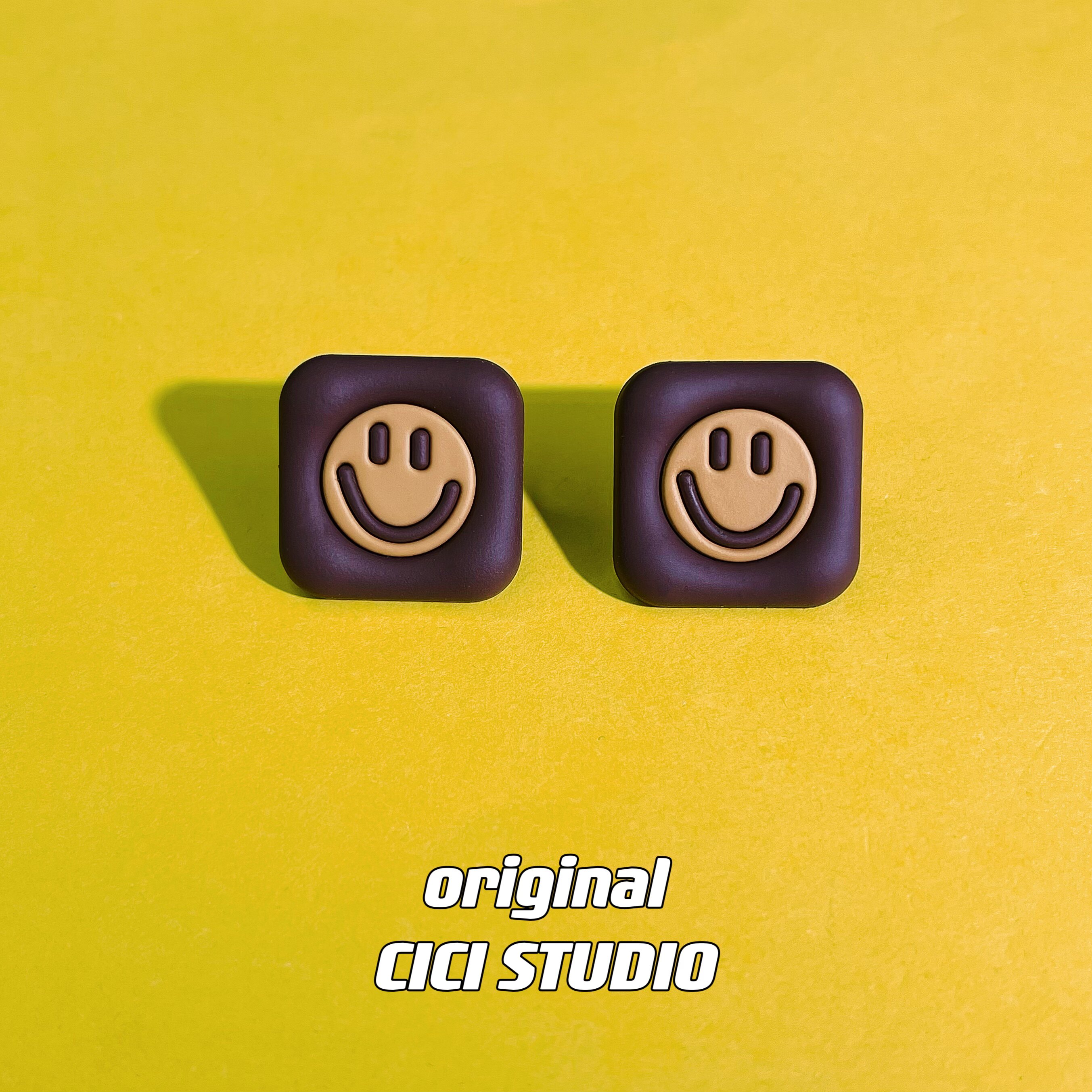 cici韩国经典街头笑脸耳钉重工美拉德色系咖色方形秋冬银针耳环