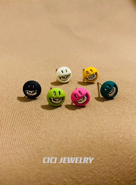 CICI 彩色笑脸钢牙美式复古潮流朋克情侣男女多耳洞纯银耳钉包邮