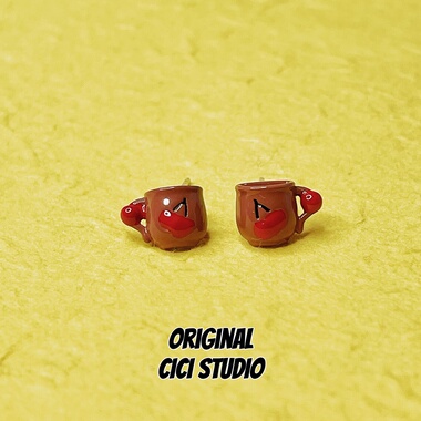 CICI STUDIO小众美拉德咖色樱桃咖啡杯耳钉女可爱耳环耳饰创意