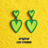 CICI薄荷曼波绿色爱心耳环桃心小众漫画莫兰迪色潮流艺术耳钉耳饰