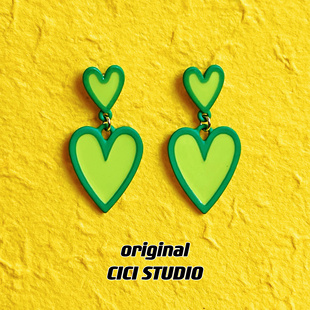 CICI薄荷曼波绿色爱心耳环桃心小众漫画莫兰迪色潮流艺术耳钉耳饰