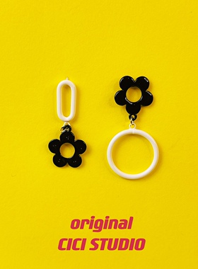 CICI创意小众气质个性黑色小花花线条圆形S925银针耳钉耳饰耳环