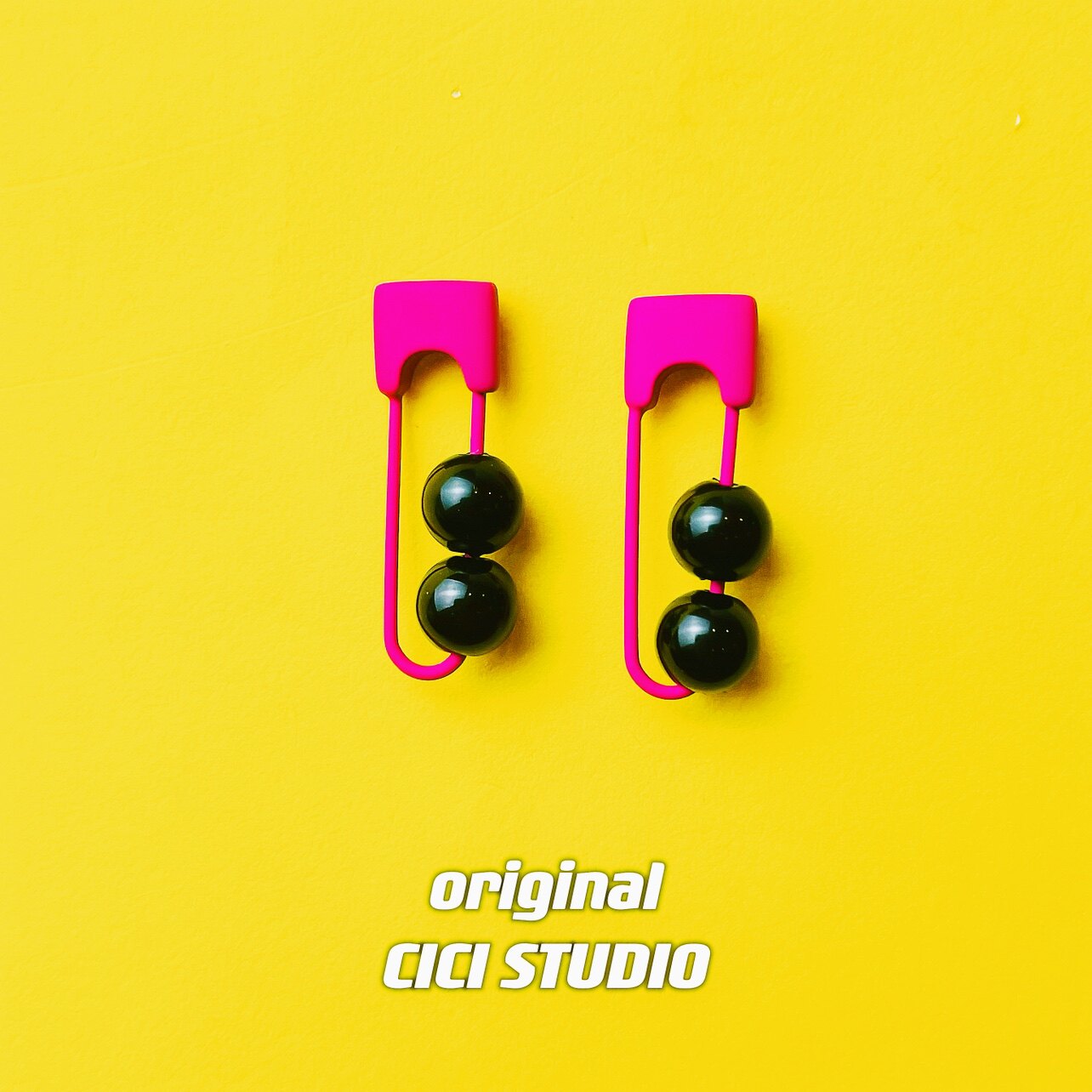 CICI韩国新款甜酷玫红撞色别针珠子小众个性blackpink色银针耳环