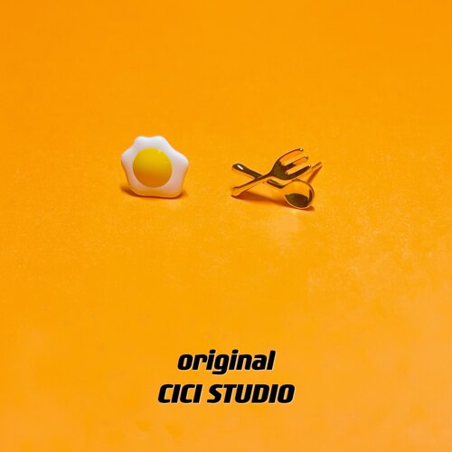 CICI创意可爱卡通俏皮童趣煎蛋勺子叉子个性镀金S925银针耳钉耳饰