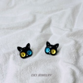 CICI新款 创意猫咪脑袋小黑猫卡通异瞳猫咪小众黑色S925银针耳钉