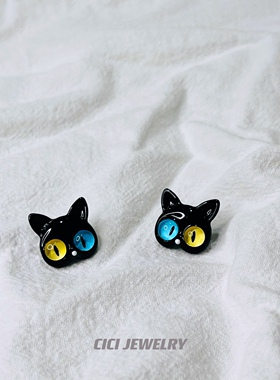 CICI新款创意猫咪脑袋小黑猫卡通异瞳猫咪小众黑色S925银针耳钉