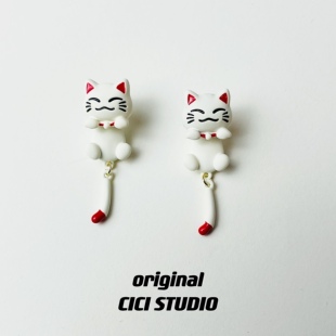 招财寓意S925银针耳钉 设计个性 CICI新款 创意可爱卡通招财猫分体式