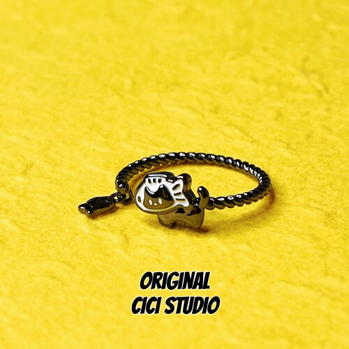 CICISTUDIO小众精工枪黑色猫咪戒指女小猫钓鱼甜酷个性朋克开口戒