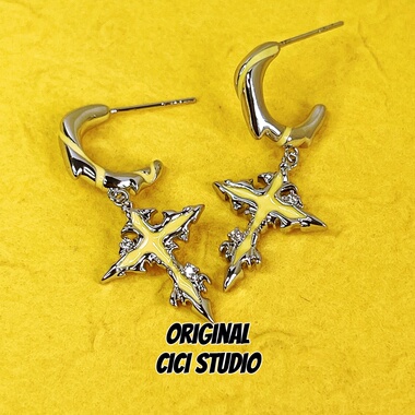 CICI STUDIO小众高级感黄色十字架耳钉女ins冷淡风精工耳环甜酷