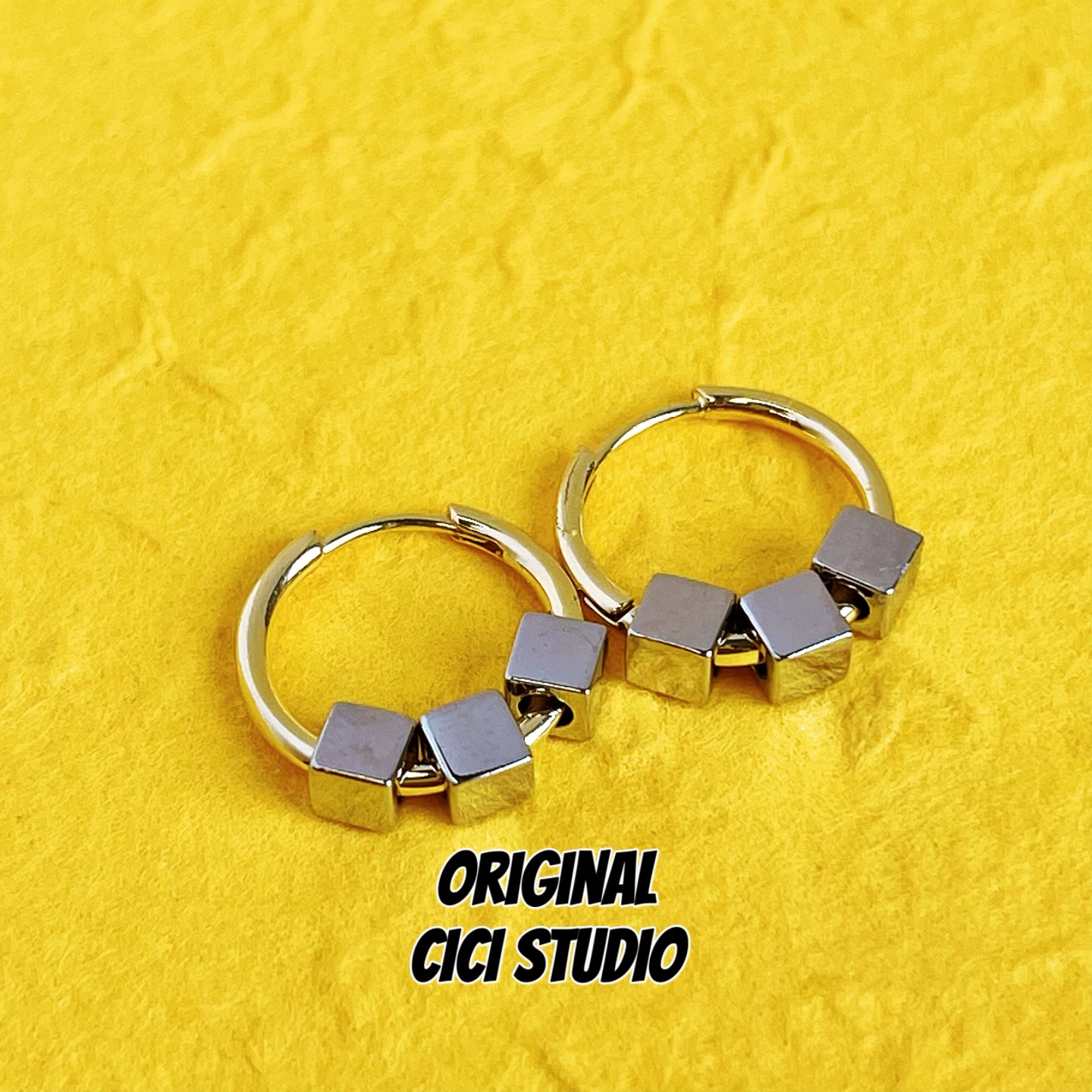 CICI STUDIO小众设计金属个性创意方块耳扣朋克中性镀金耳圈耳环
