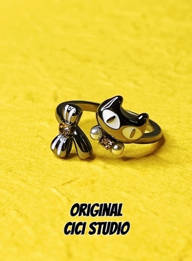 CICI STUDIO小众精工枪黑色猫咪戒指女蝴蝶结甜酷个性朋克开口戒