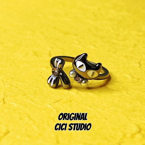 CICI STUDIO小众精工枪黑色猫咪戒指女蝴蝶结甜酷个性朋克开口戒