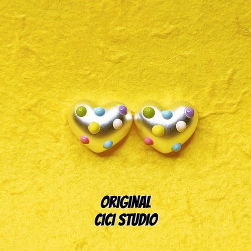CICI STUDIO小众彩色波点素银爱心耳钉女甜美可爱春夏多巴胺耳饰