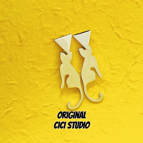 CICI STUDIO小众高级感精工金属银猫猫耳钉女朋克招财猫银针耳环