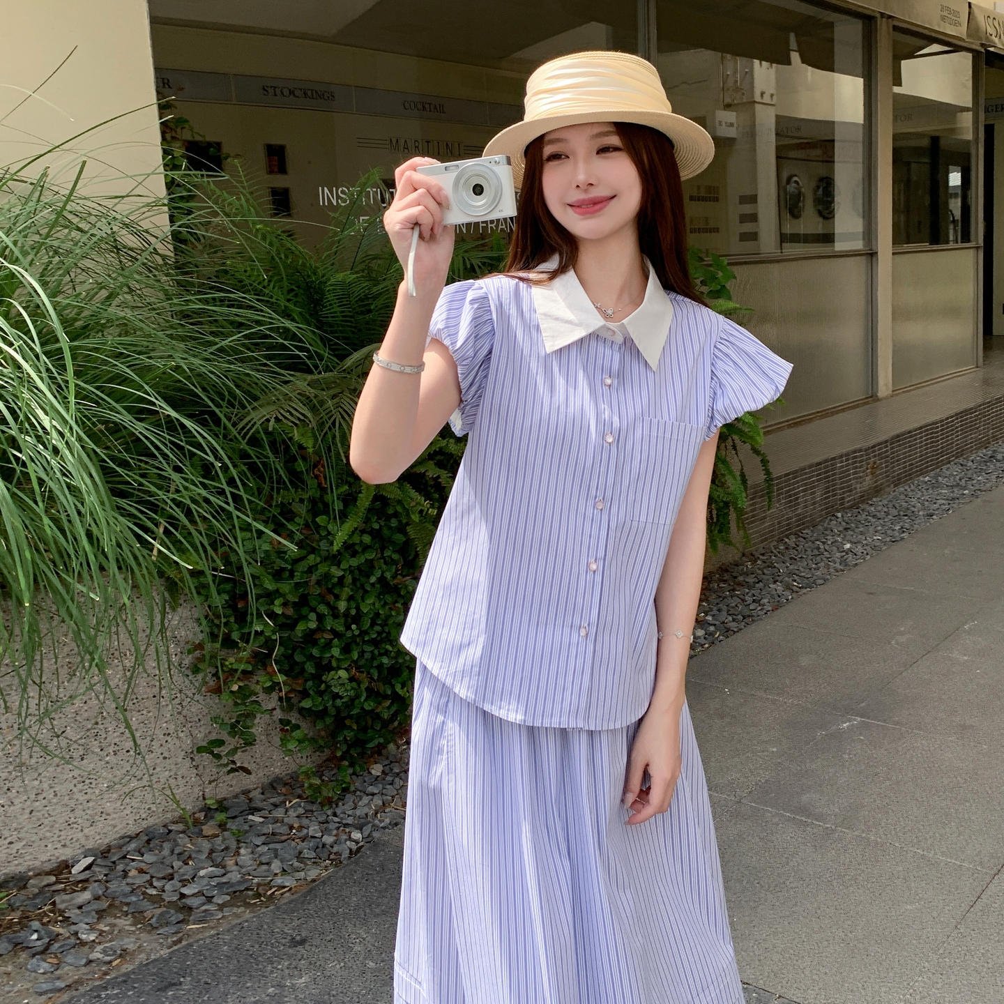 蓝色条纹一整套时尚2025新款女套装B127A-6631-P135K202，女装套装/套裙，浙宝127A