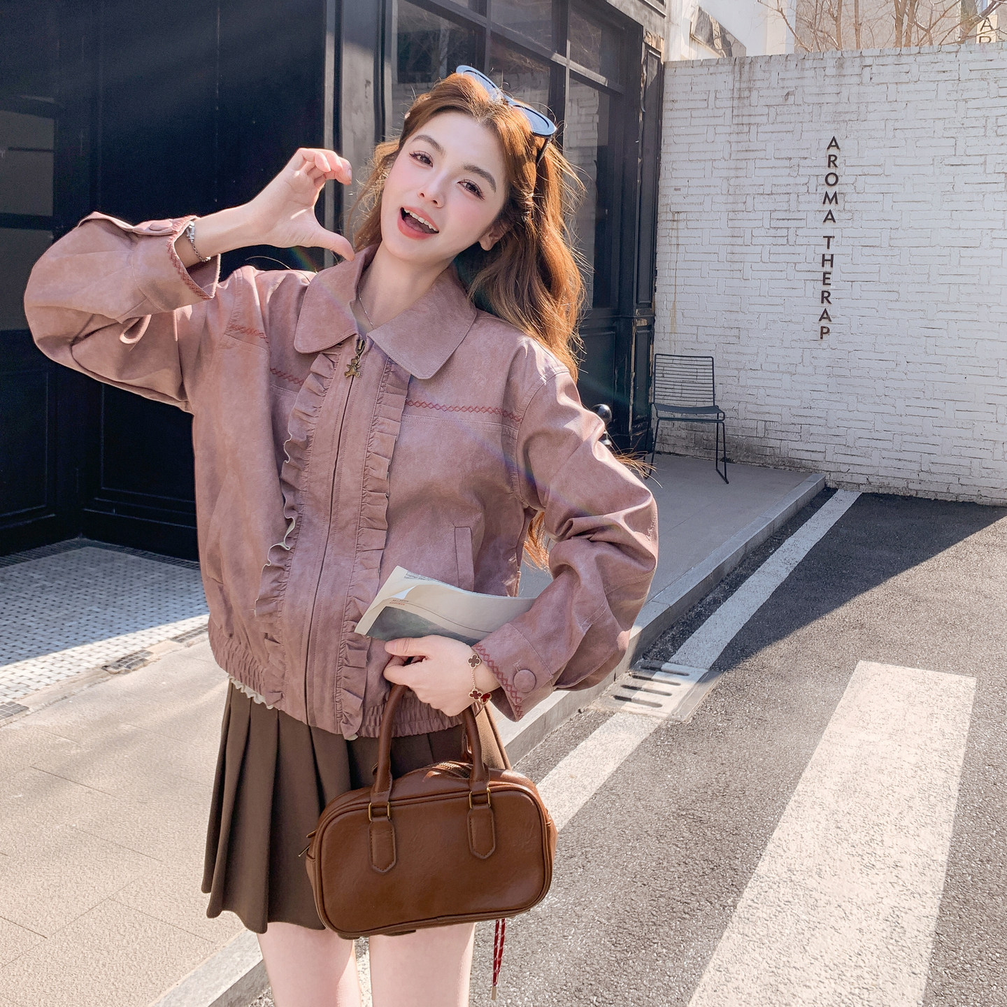 粉色木耳边PU皮外套2026春季女时尚韩系B127A-6730-P150K248，女装皮衣，浙宝127A