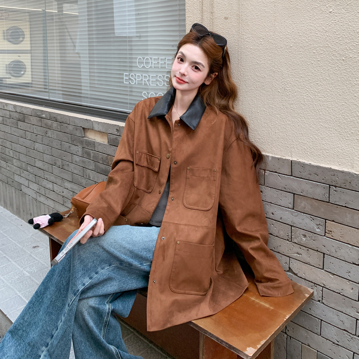 复古麂皮绒撞色翻领外套女2026春季新款B127A-6752-P170K278，女装短外套，浙宝127A