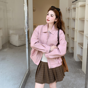 粉色PU皮设计感口袋韩系2026春季女新款B127A-6731-P145K238，女装皮衣，浙宝127A