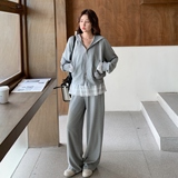 灰色休闲运动连帽卫衣套装女秋季韩系减龄蕾丝拼接阔腿长裤两件套，女装运动套装，浙宝127A