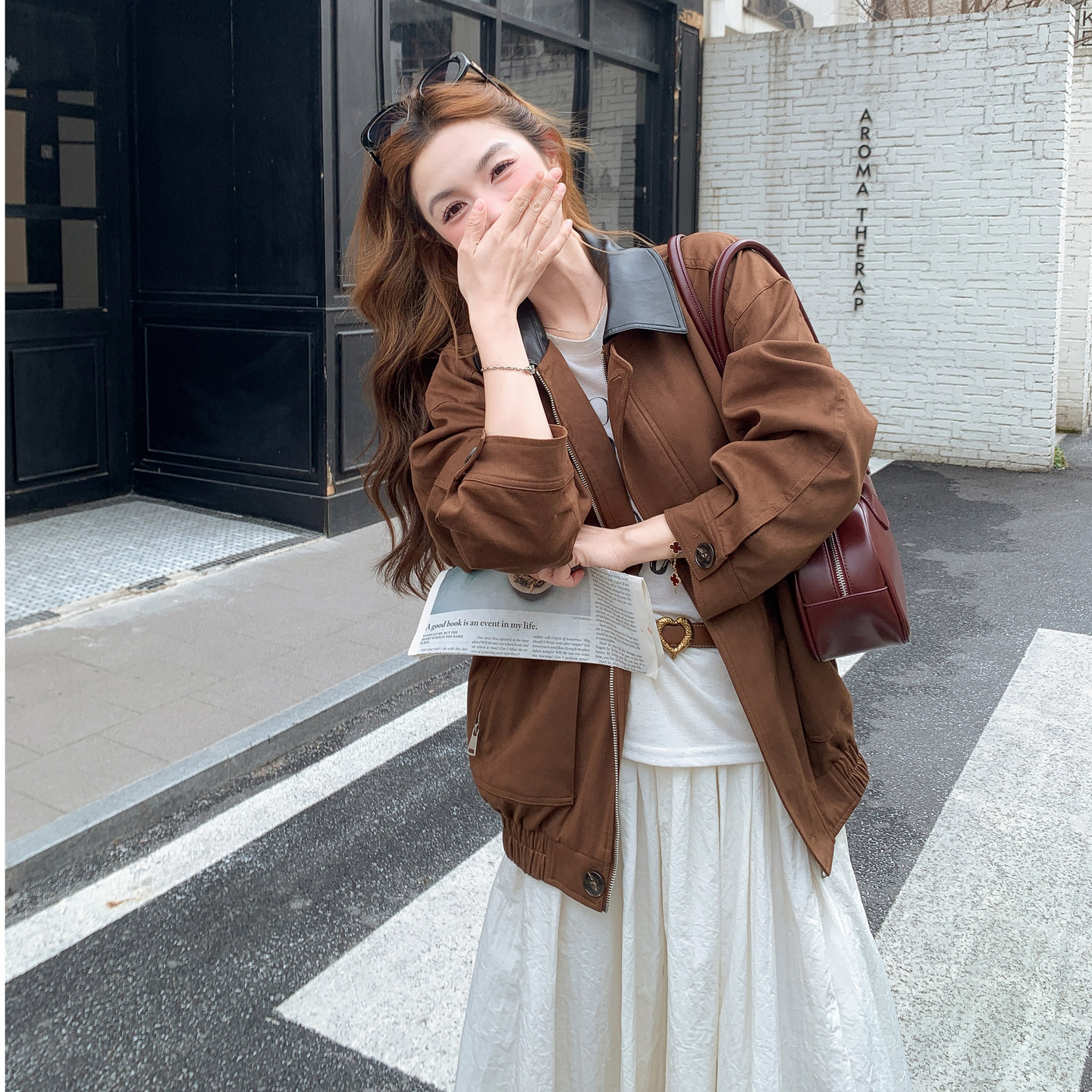 棕色复古拼皮撞色麂皮绒外套女2026春季B127A-6750-P165K268，女装短外套，浙宝127A