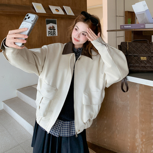 白色麂皮撞色翻领短外套女2026春季 B127A-6739-P165K268图片