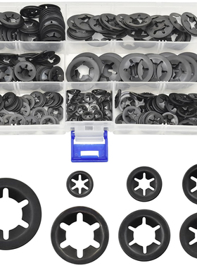 340个盒装 65锰钢黑色轴承夹挡圈梅花挡圈卡圈垫圈M3-M12组合套装