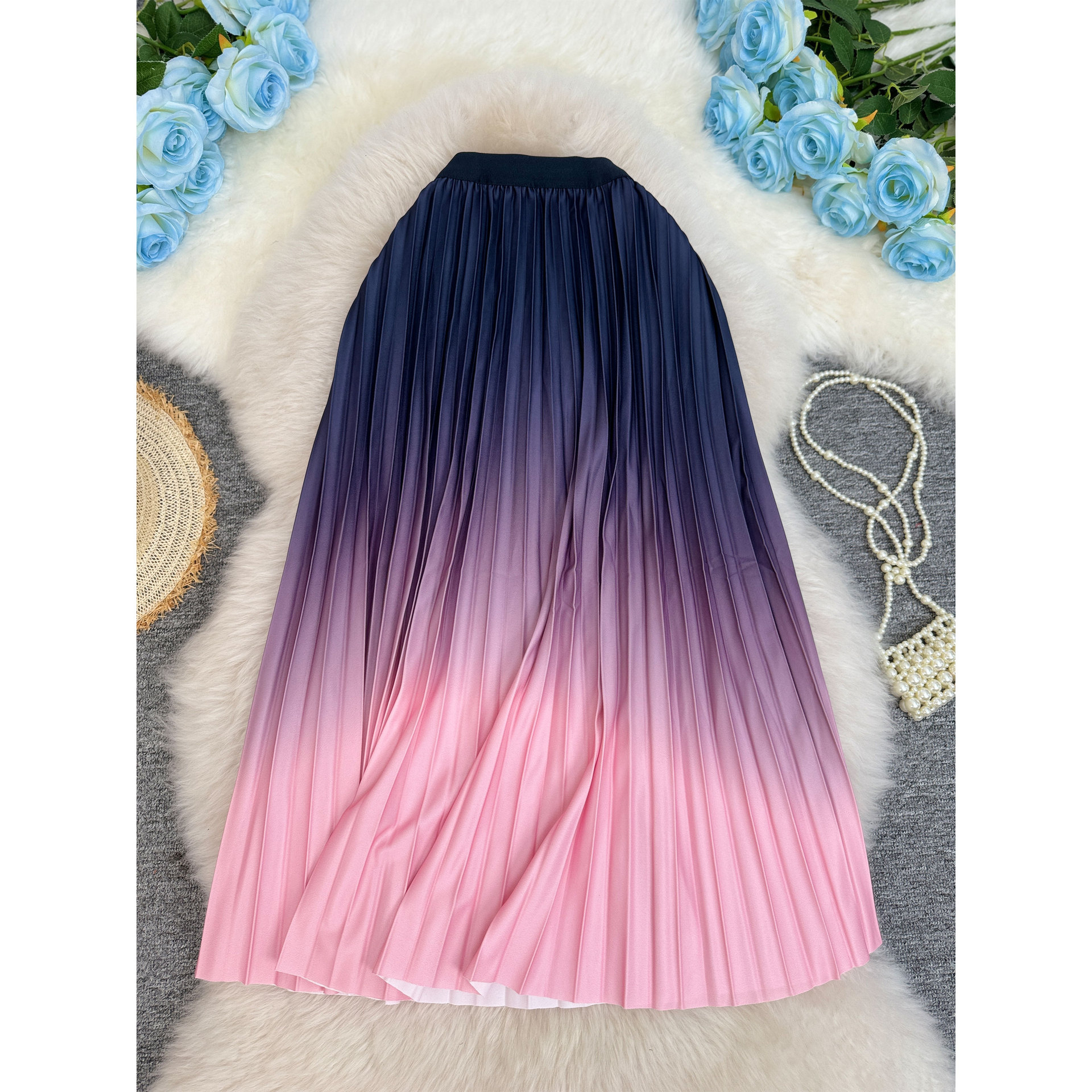 跨境欧美渐变彩虹百褶半身裙经典百搭高腰显瘦A字中长款裙子女