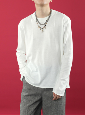 TR HOMME 秋季薄款长袖卷边圆领套头毛衣宽松慵懒纯色打底针织t恤