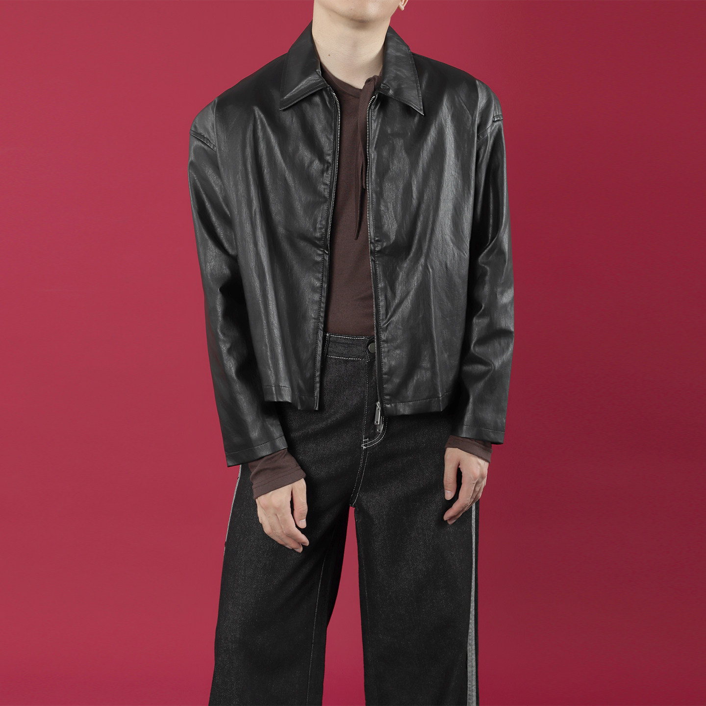 TRHOMME翻领宽松短款皮衣夹克