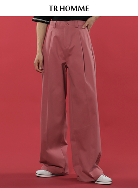 TR HOMME 春夏轻熟风粉色西裤男宽松直筒休闲阔腿拖地裤男ins潮流