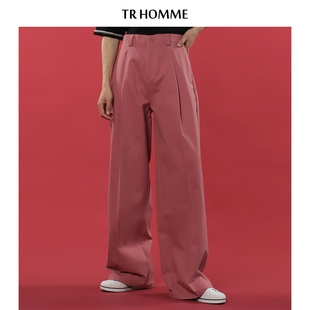 男宽松直筒休闲阔腿拖地裤 春夏轻熟风粉色西裤 男ins潮流 HOMME