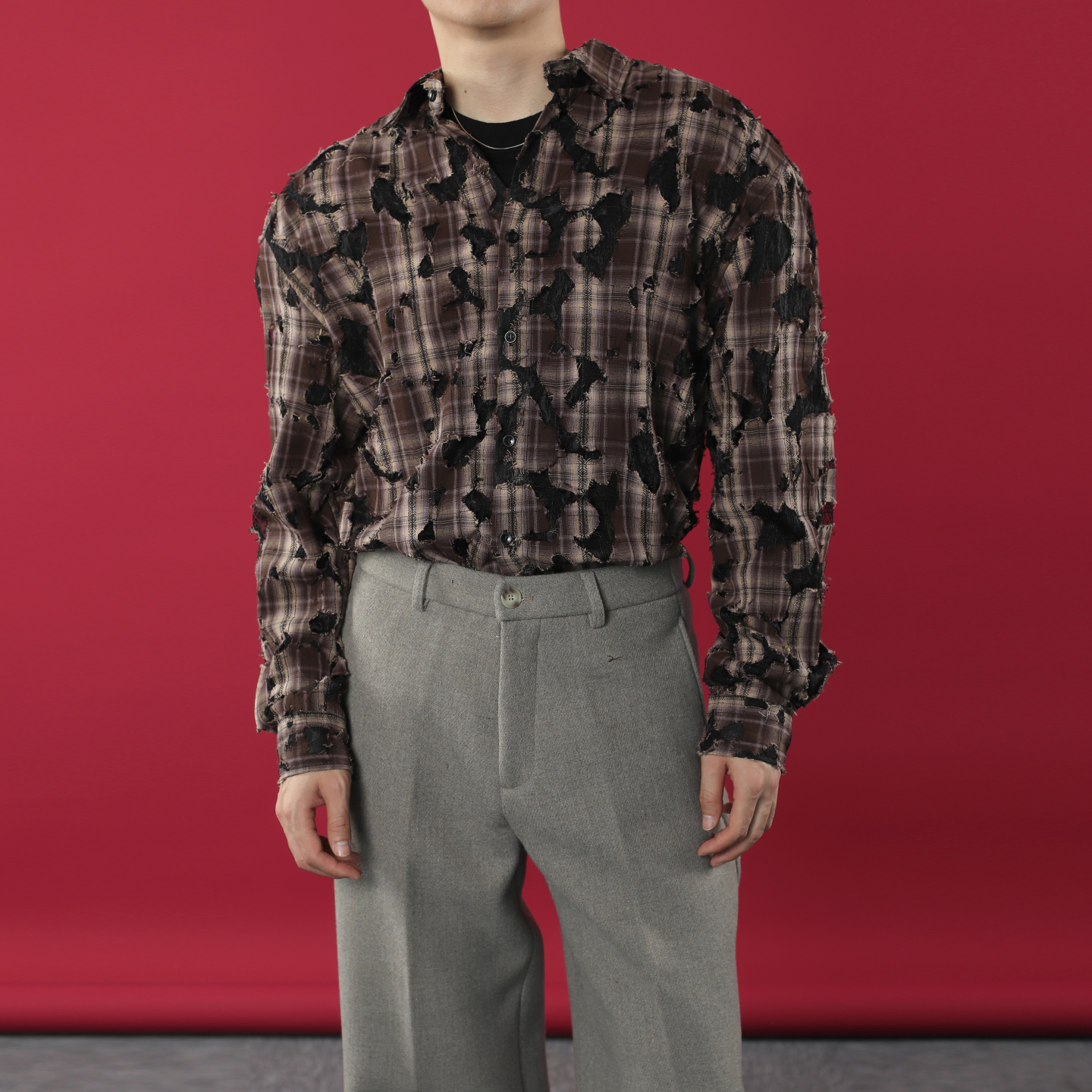 小众格子破洞蕾丝镂空衬衫