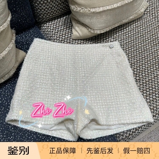 热裤 只只正品 ｜CHANEL香奈儿25K白色格子暗闪粗花呢CC精致扣短裤