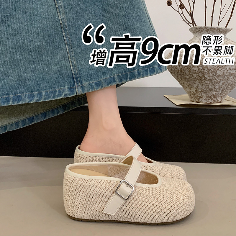 内增高9cm夏季包头半拖鞋女外穿百搭一脚蹬平底编织勃肯休闲鞋女图片