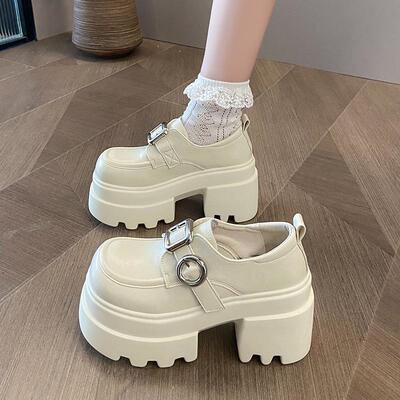 10cm厚底增高小皮鞋女2025春新款小个子配裙子松糕鞋英伦风乐福鞋