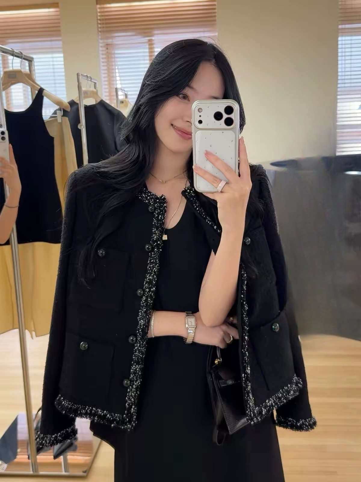 黑色羊毛小香外套女精致祖母绿纽扣毛边剪裁小个子日常外穿女夹克