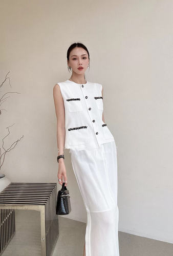 100%亚麻套装高端欧货小香风开叉半身裙时尚温柔浅棕白色两件套