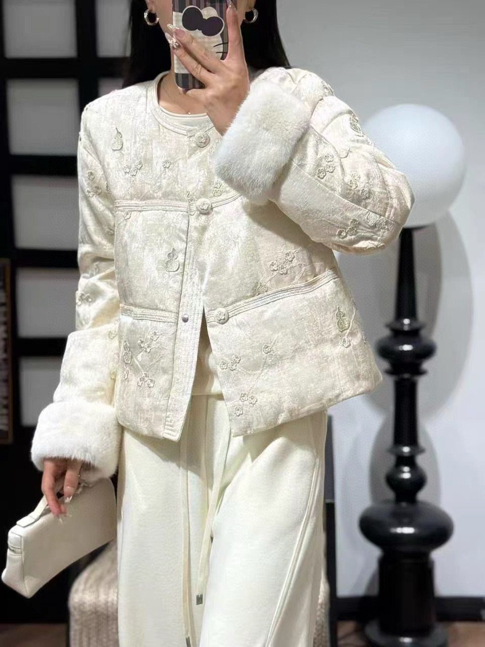 重工刺绣水貂毛棉服外套新中式国风2025秋冬新款棉服皮草短款外套