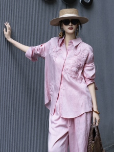 100%亚麻套装极简时尚老钱风麻料长袖衬衫阔腿裤宽松粉色套装