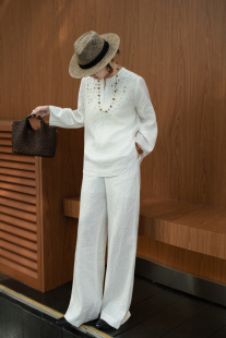 100%亚麻刺绣镂空套装极简老钱南法度假风V领衬衫长裤两件套白色