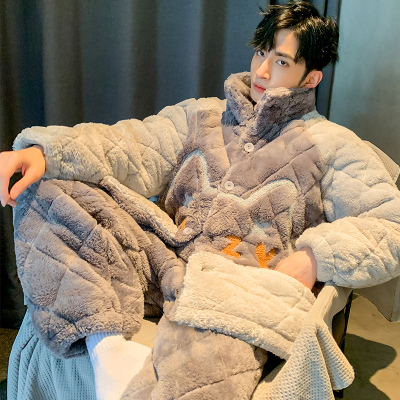 2025新款睡衣男款冬季加厚加绒珊瑚绒三层夹棉男士秋冬款天家居服