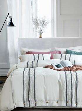 法国进口亚麻100%纯亚麻四件套白色全条纹床单被套简约北欧4 棉麻