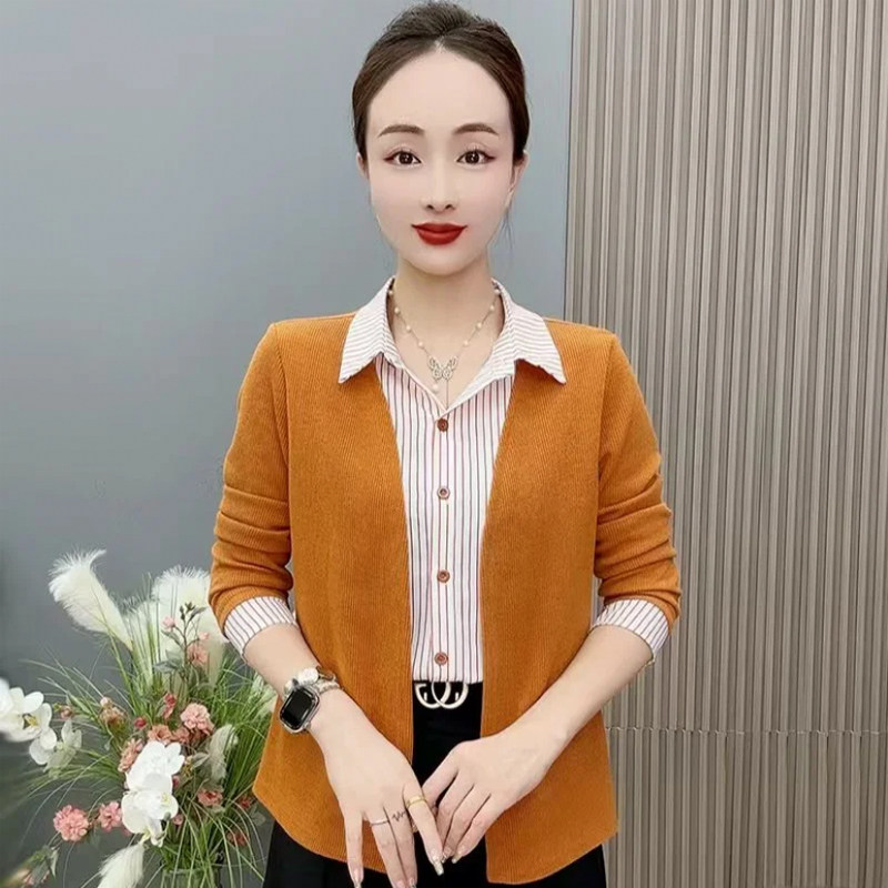 秋季韩版女士百搭时尚衬衫针织条纹薄款长袖假两件妈妈上衣开衫薄
