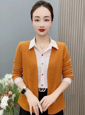 秋季韩版女士百搭时尚衬衫针织条纹薄款长袖假两件妈妈上衣开衫薄