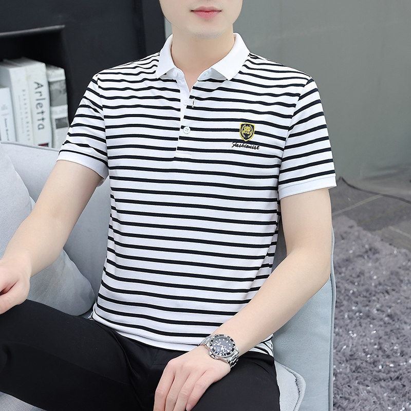 纯棉POLO衫短袖男夏季新款青年条纹短袖T恤修身韩版翻领半袖男装